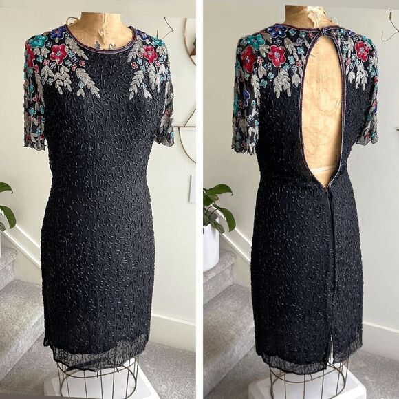 VTG Laurence Kazar 100% Silk Beaded Sequin Embellished Cocktail Party Dress - M - Picture 1 of 8